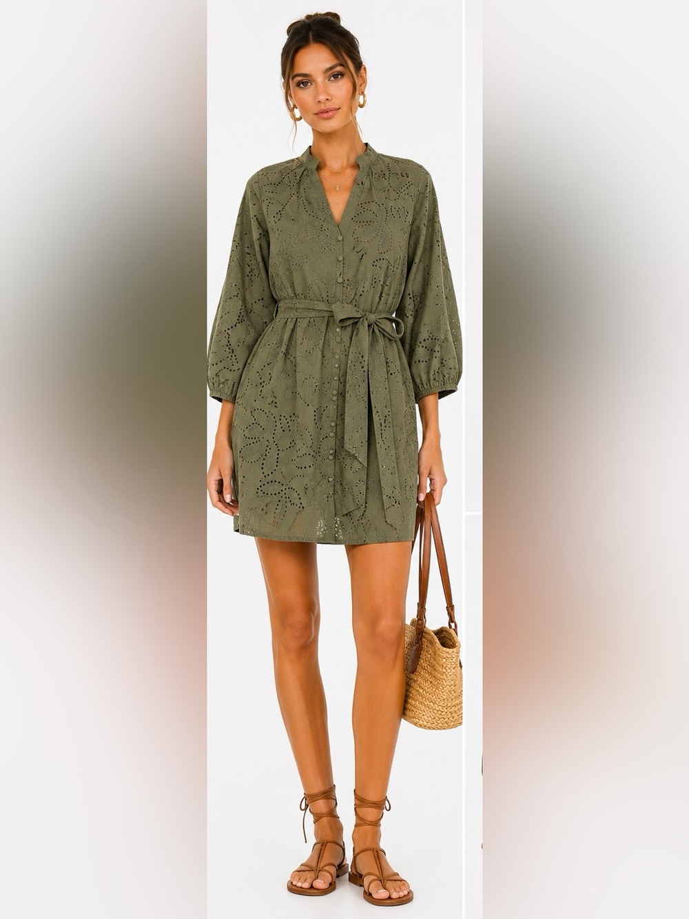 new Zara Olive Eyelet Embroidered Cotton Shirt Dress with Belt | Size S